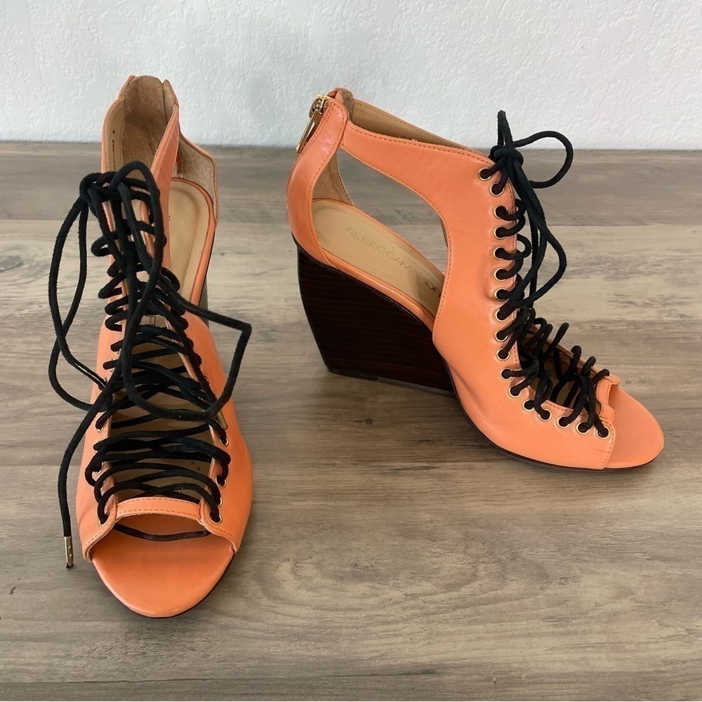 Rebecca Minkoff Peach Leather Cutout Lace Up Wedge Heels - Picture 2 of 12